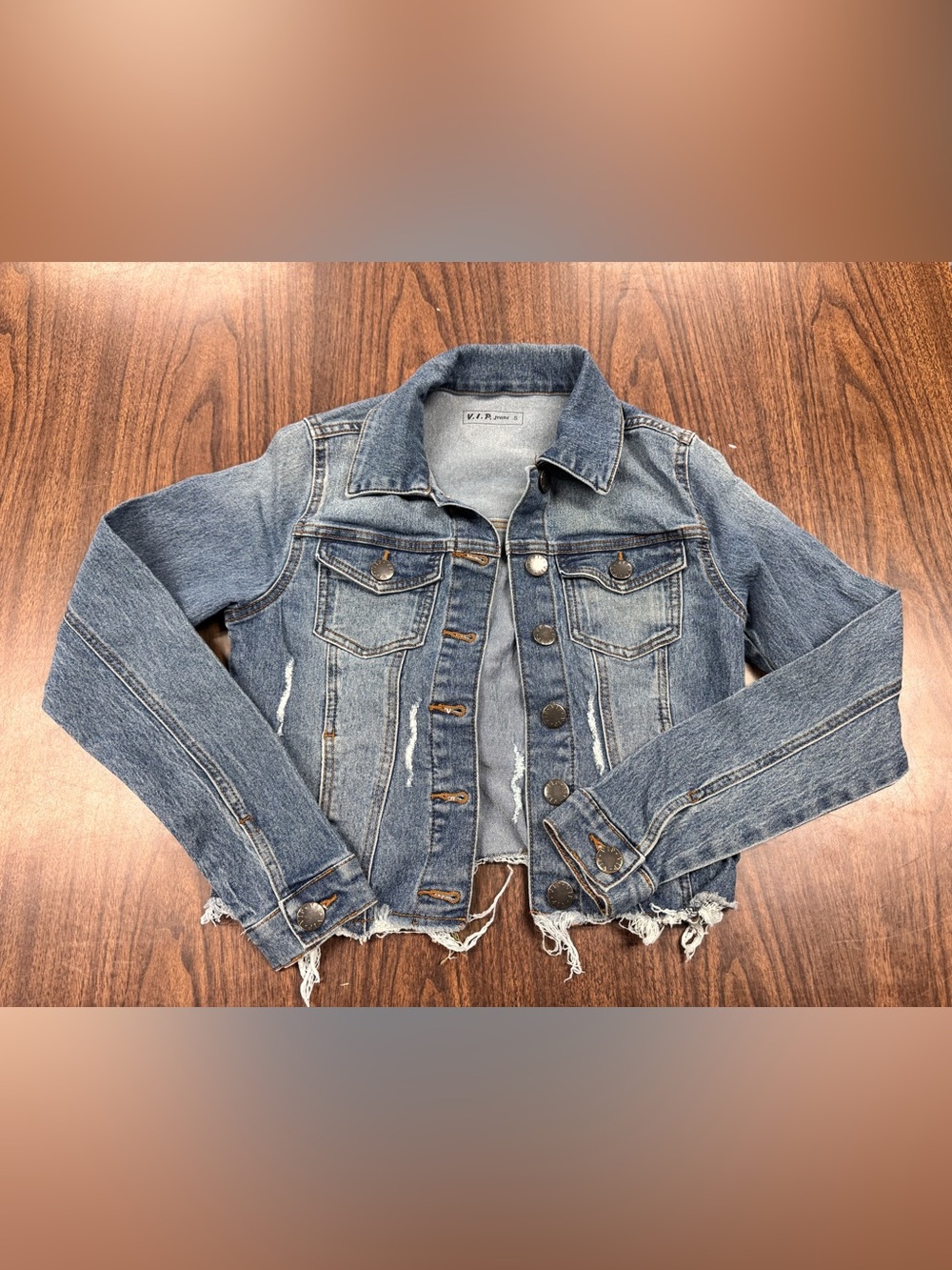 V.I.P. Jeans Cropped Distressed Denim Jacket - Size Small
